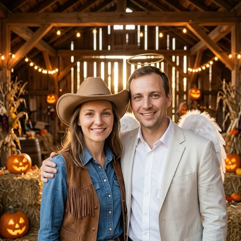 Cowboy & Angel — Two people · golden barn party