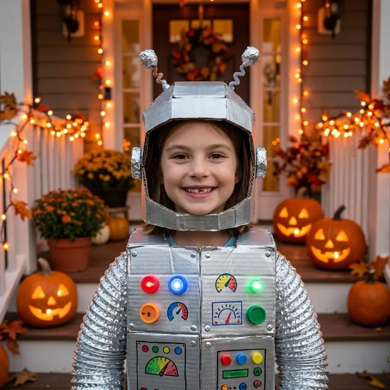 Halloween Robot — Silver cardboard · pumpkin porch