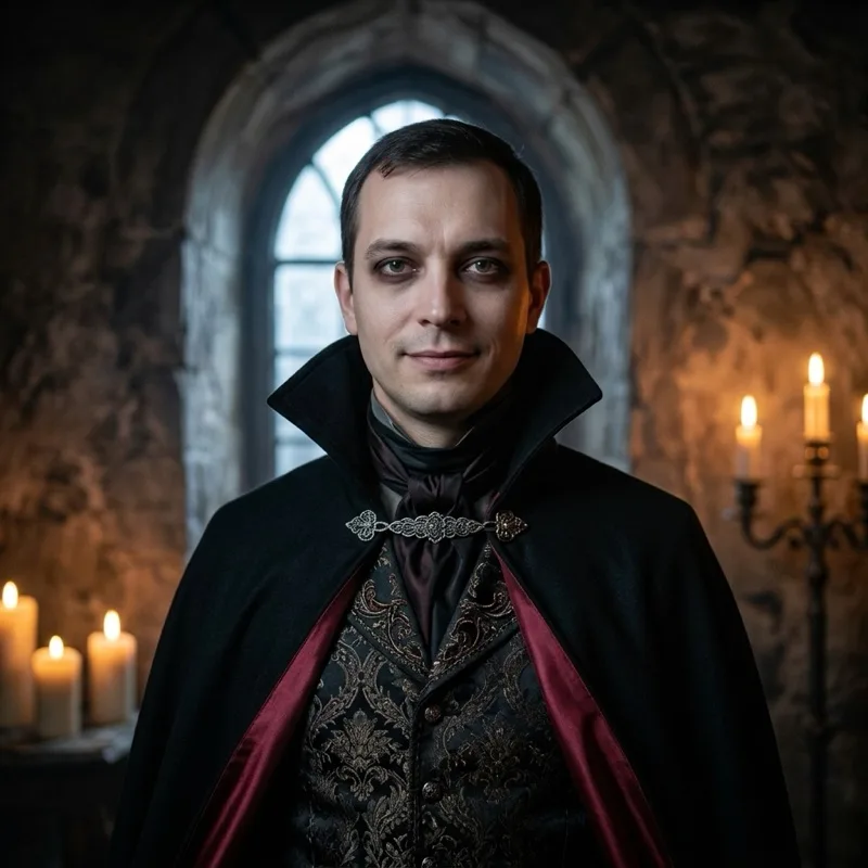 Velvet Vampire — Crimson cape · candlelit hall