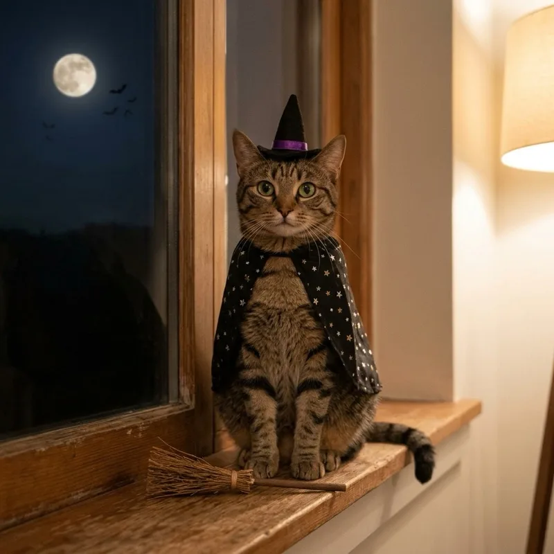 Little Witch Cat — Star cape · moonlit window